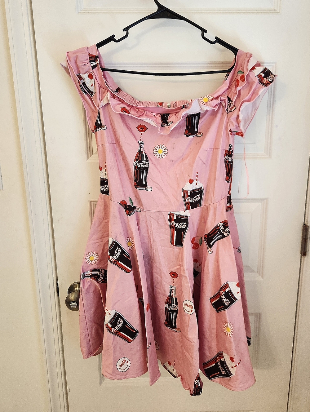 Coca Cola Float Red Lips Pink AOP Lizzy Dress Loungefly Size L FLAWED #H1268